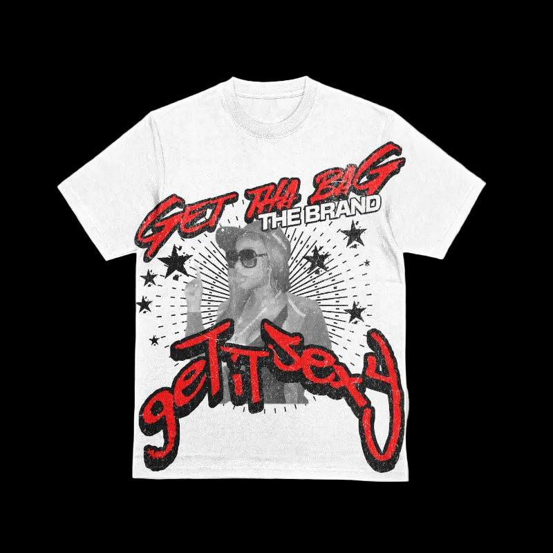 White t-shirt with red and black graphics and text on a gray background